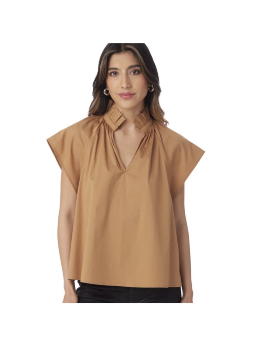 CROSBY by Mollie Burch Camel Ruffled Mock Neck Cap-Sleeve Top
